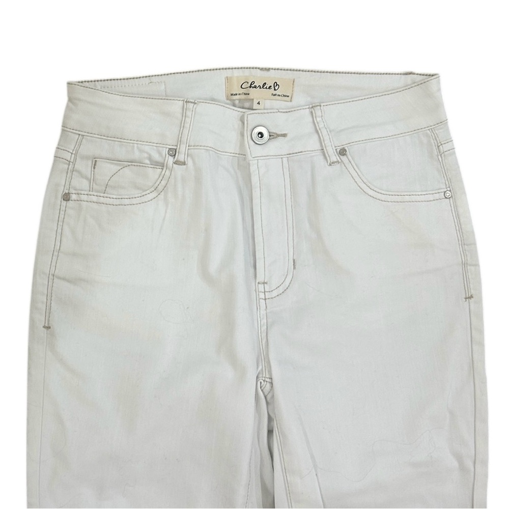 CHARLIE B White Straight Leg ankle Jeans tan Fringe Hems & contrast stitching 4 - Picture 3 of 7